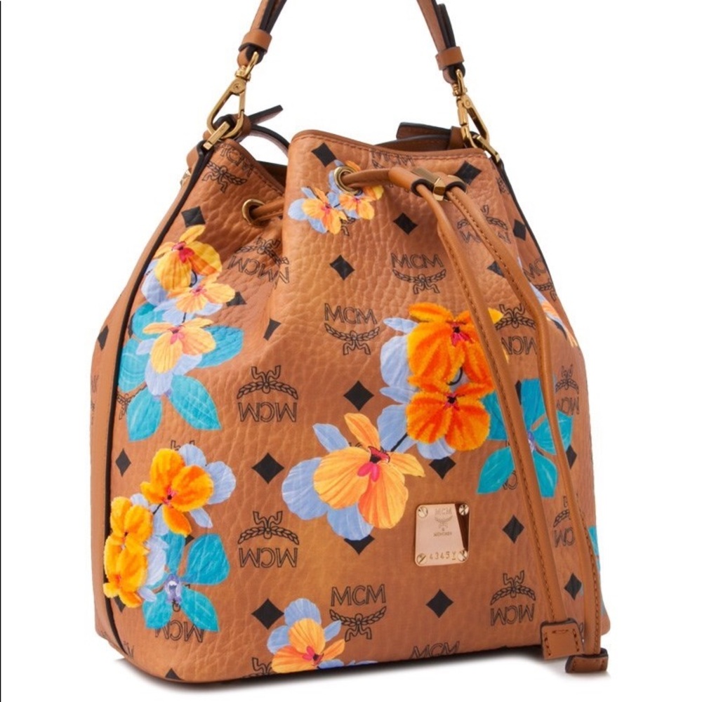 MCM Cognac Floral Bucket Bag Crossbody NEW